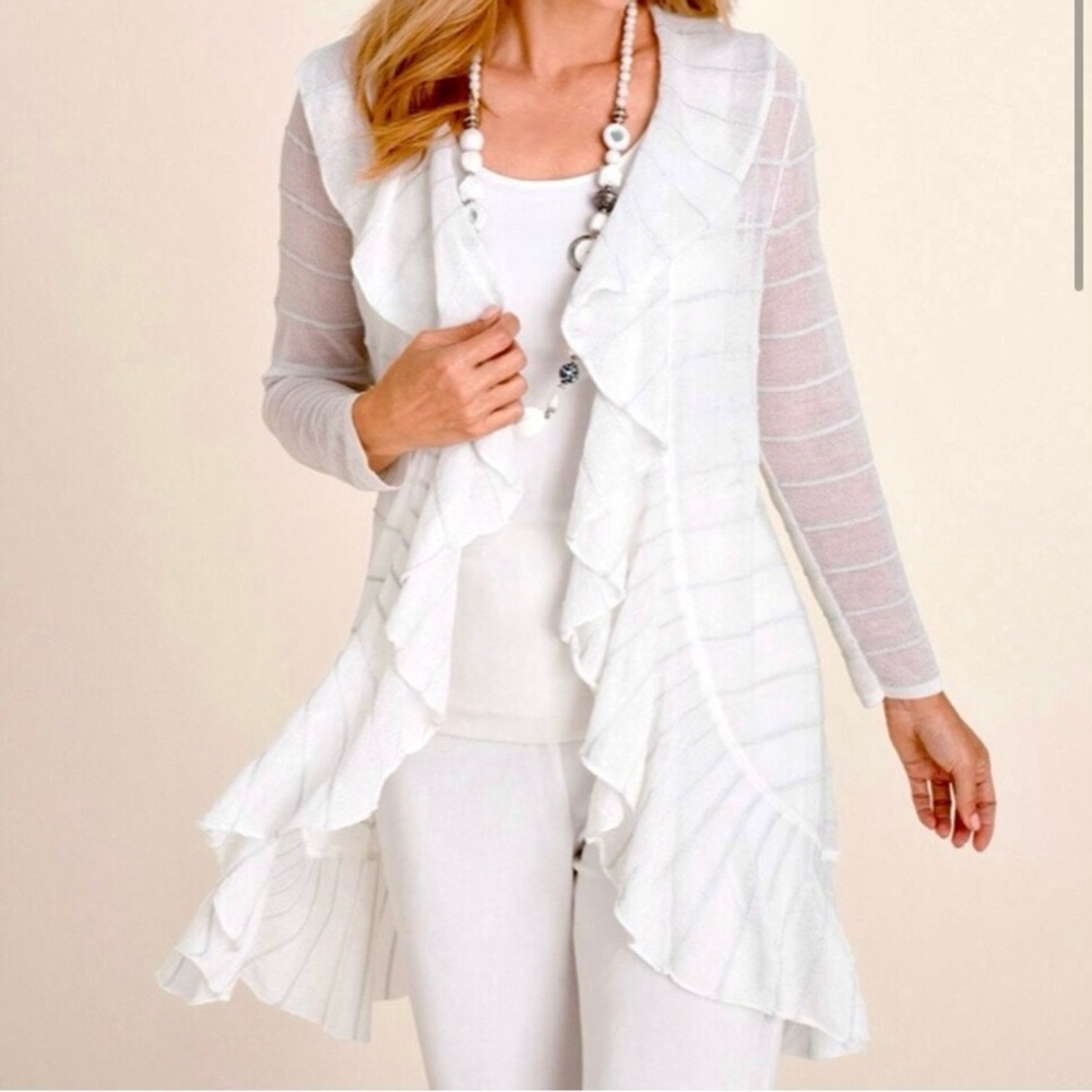Chico’s Travelers Ruffle Drape Cardigan Sweater Women’s Size M Metallic Sheer